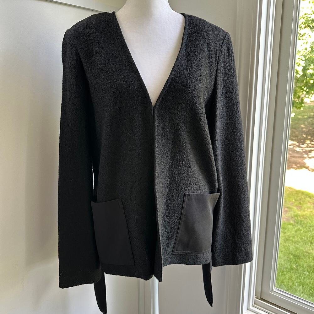 St. John Black Wool Blend Knit Cardigan‎ Size 8 / Medium Chiffon Overlay Detail